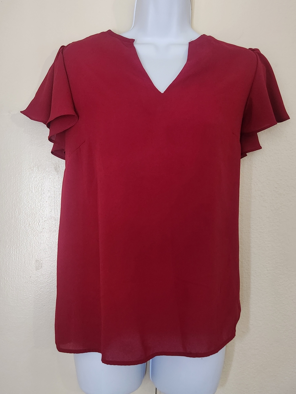 Aconiya Women's Burgundy V-Neck Flutter Sleeve Blouse